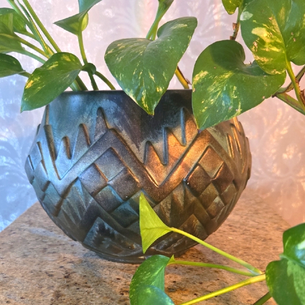 Artist Signed Large Ceramic Planter With Geometric Pattern